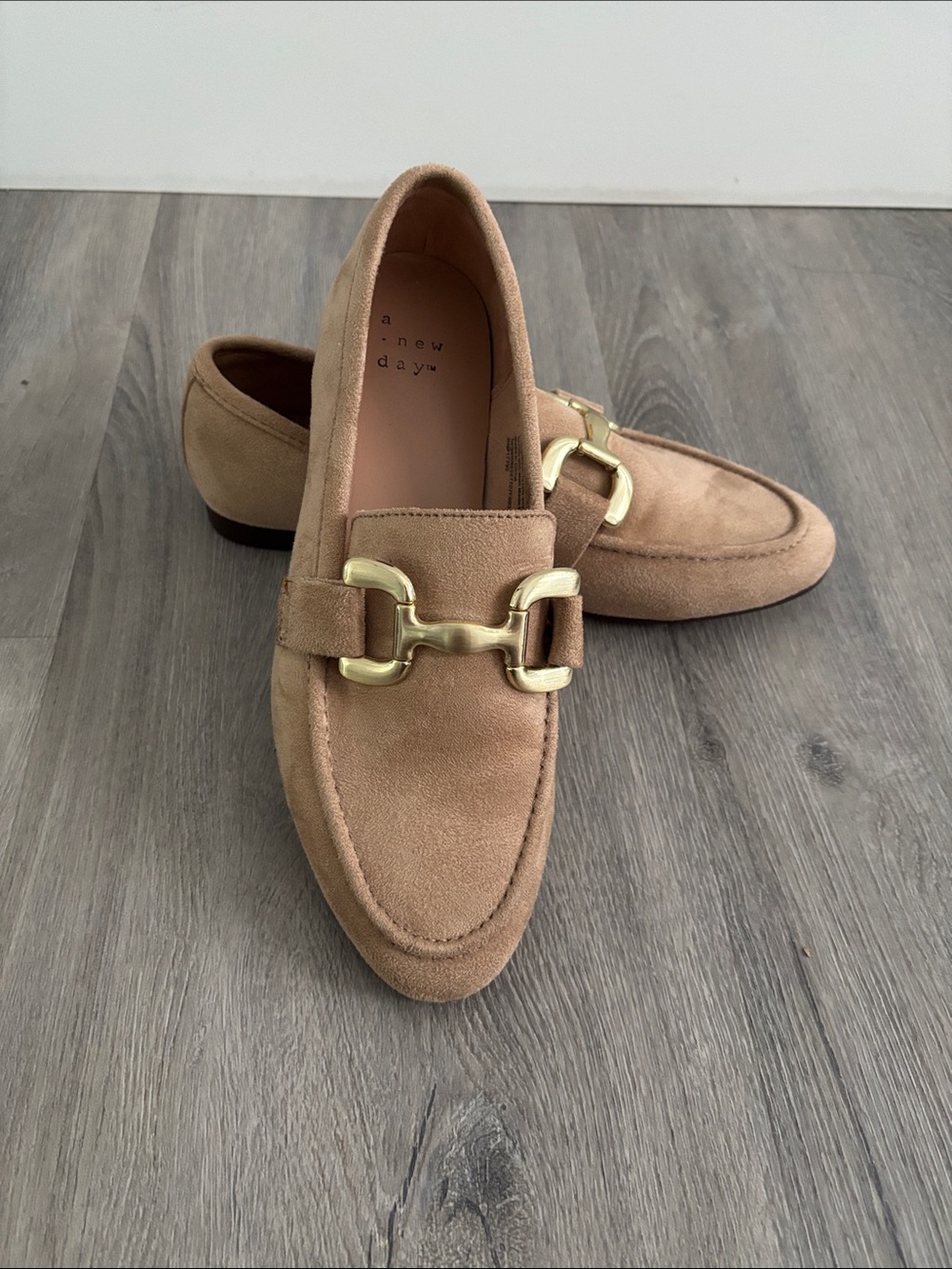a new day Tan Suede Loafers with Gold Hardware